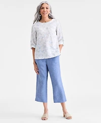 Charter Club Women's Linen Sketched Floral 3/4-Sleeve Top, Macy's Exclusive