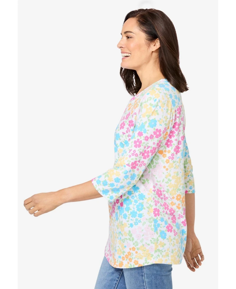 Woman Within Women's Perfect Printed Three-Quarter Sleeve V-Neck Tee