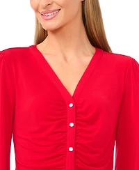 CeCe Women's V-Neck Long-Sleeve Shirred Knit Top
