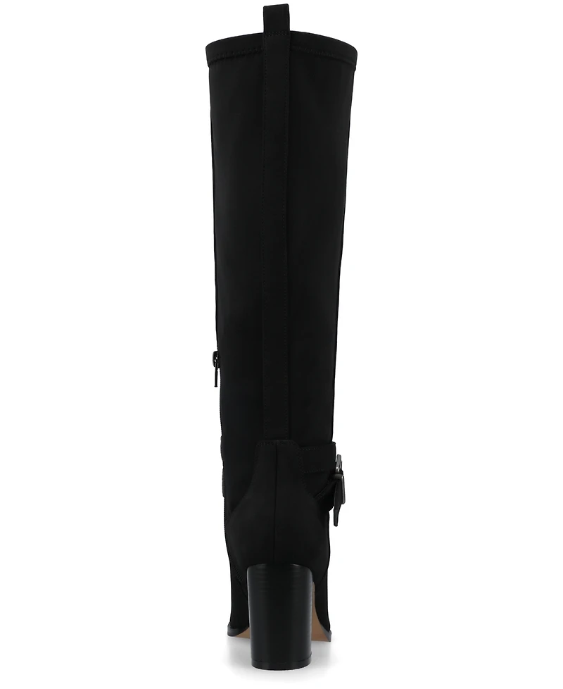 Journee Women's Avalonn Buckle Strap Knee High Stacked Heel Inside Zipper Comfort Dress Boots