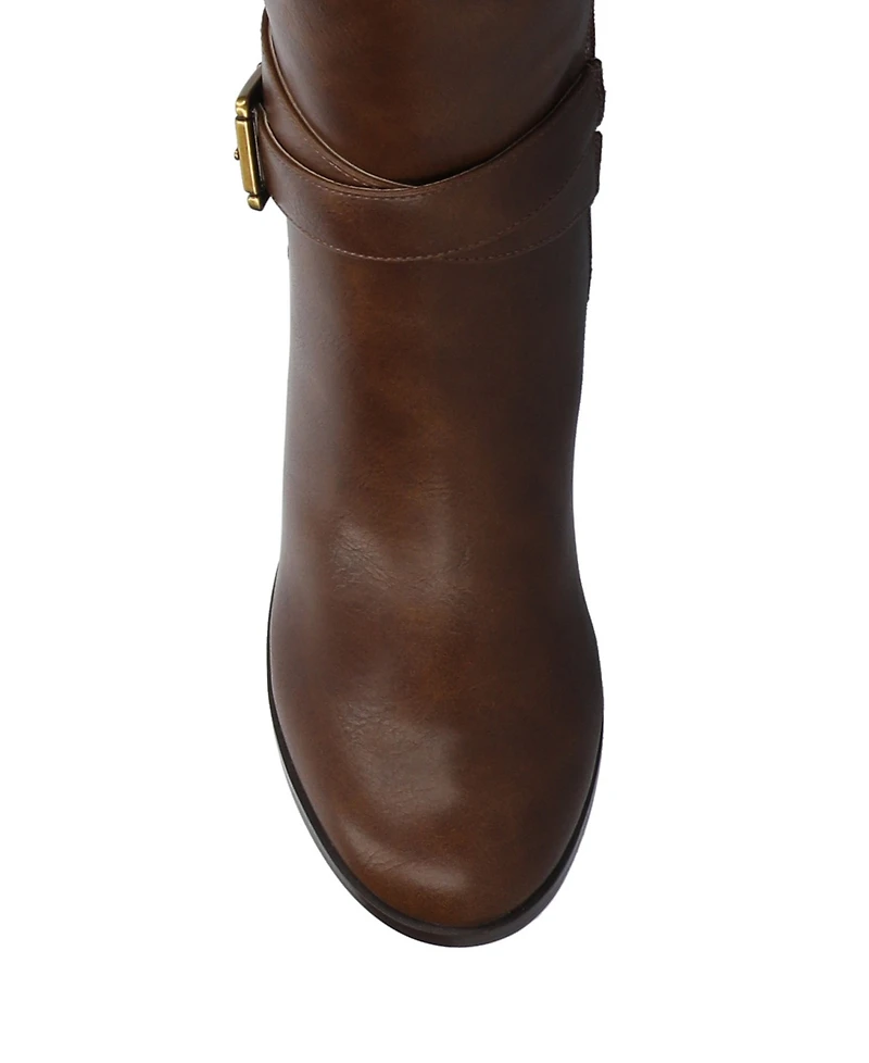 Journee Women's Avalonn Buckle Strap Knee High Stacked Heel Inside Zipper Extra Wide-Calf Comfort Dress Boots