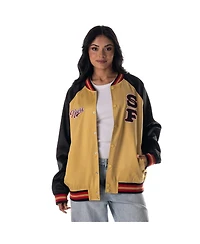 The Wild Collective Women's Gold San Francisco 49ers Oversized Satin Raglan Full-Snap Bomber Jacket