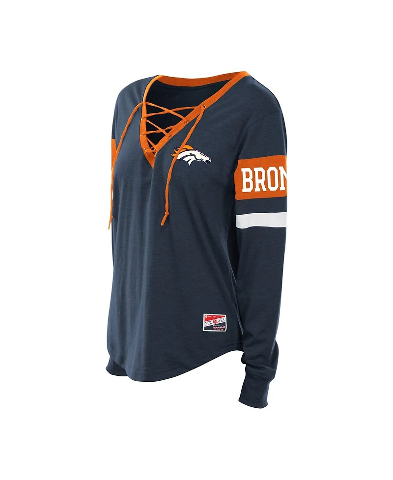 New Era Women's Navy Denver Broncos Plus Throwback Lace-Up Long Sleeve T-Shirt