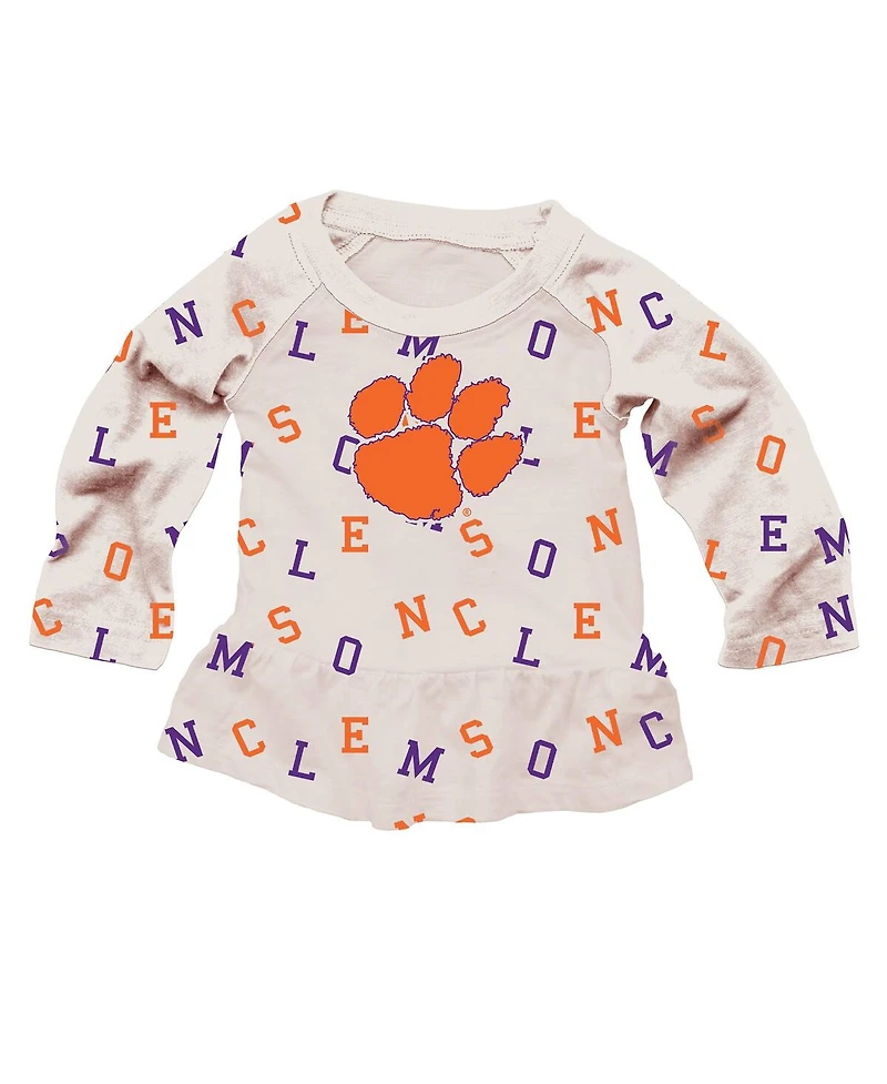 Wes & Willy Baby Girls 2-Piece Oatmeal Clemson Tigers Ruffle Raglan Long Sleeve T-Shirt and Leggings Set