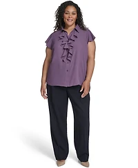 Calvin Klein Plus Solid Cap Sleeve Ruffle Front Top