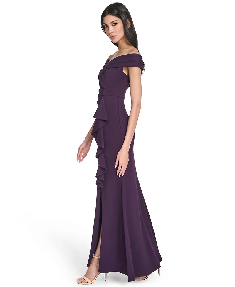 Eliza J Petite Off Shoulder Pleated Ruffle Gown