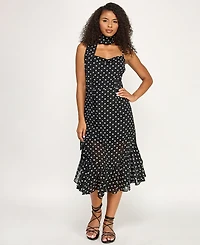 Seni & Cade Juniors' Polka Dot Sweetheart Neck Midi Dress with Scarf