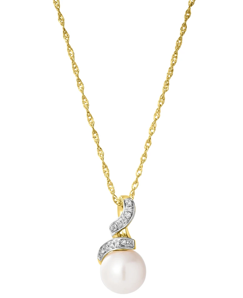 Macy's Fresh Water Pearl (8mm) and Diamond (0.3 ct. t.w.) Accent Pendant Necklace in 14K Yellow Gold