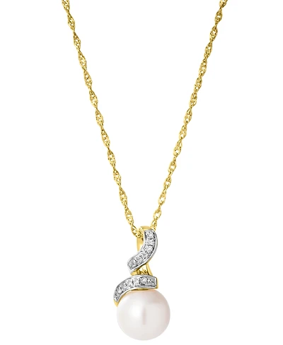 Macy's Fresh Water Pearl (8mm) and Diamond (0.3 ct. t.w.) Accent Pendant Necklace in 14K Yellow Gold