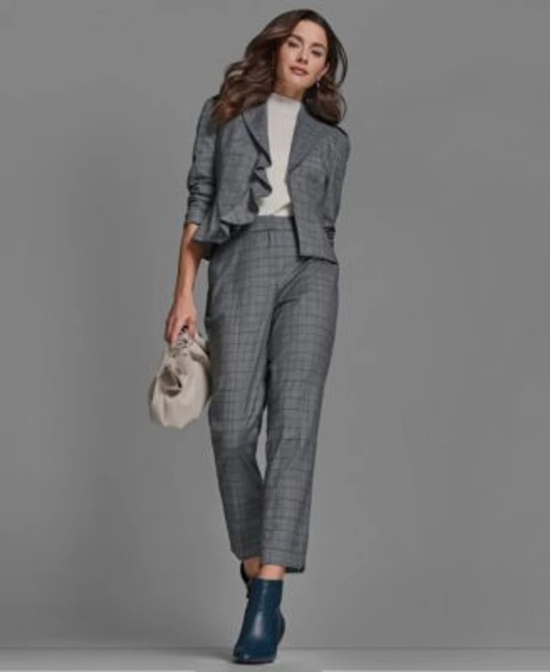 Bcbg Womens Plaid High Rise Straight Pants Long Sleeve Ruffle Jacket Sleeveless Mock Neck Knit Top