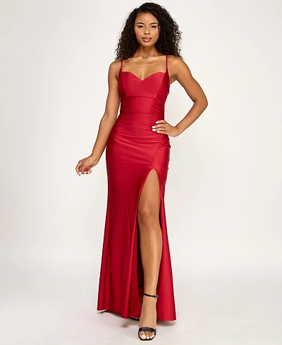 Emerald Sundae Juniors' V-Neck Front-Slit Sleeveless Gown