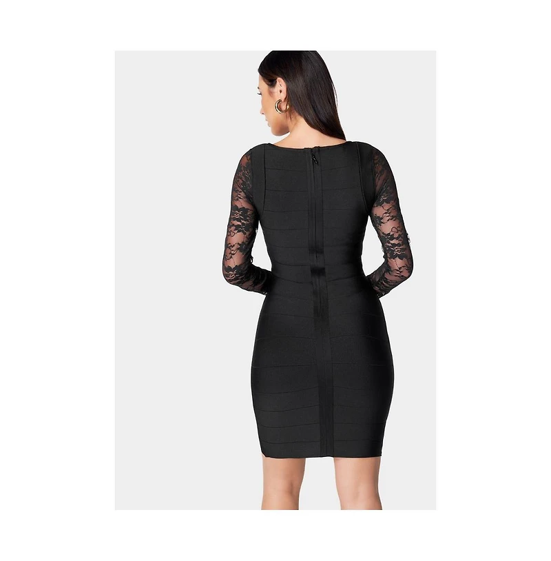 Bebe Womens Long Sleeve Lace and Bandage Dress