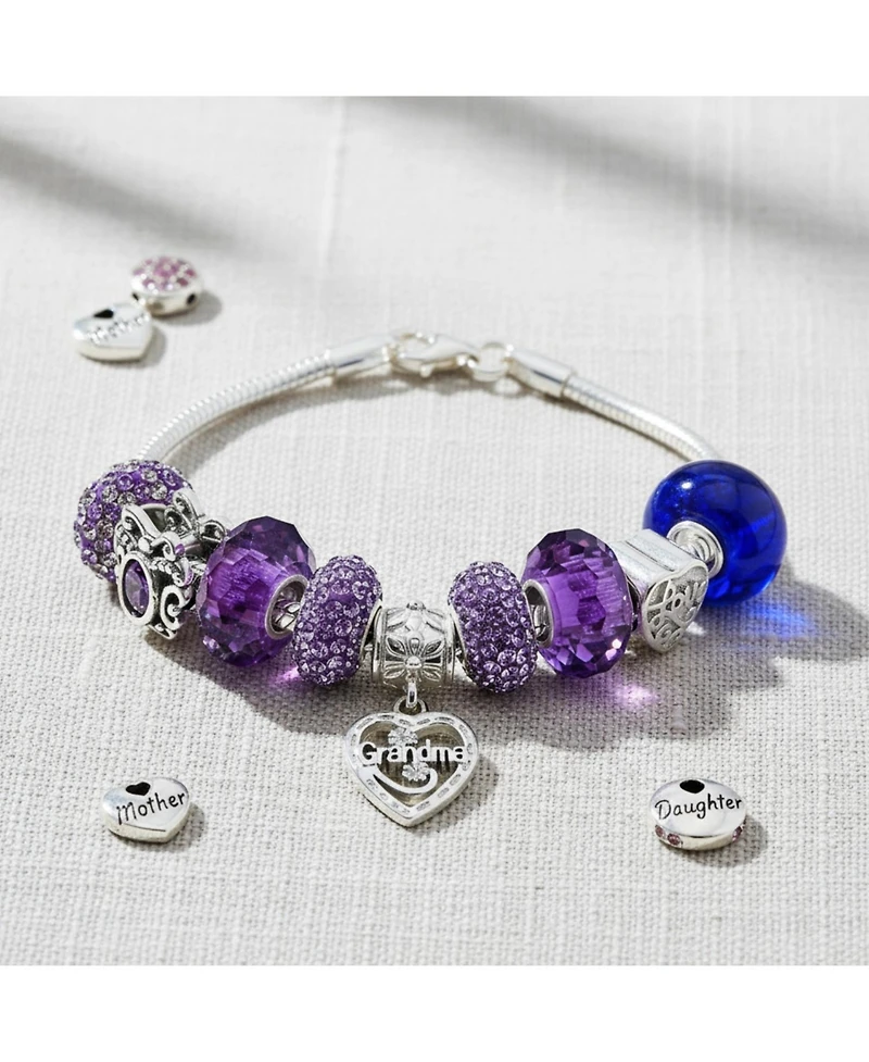 Bling Jewelry Purple Love Grandma Family Themed Starter Beads Multi Charm Bracelet For Grand Mother Women .925 Sterling Silver Snake Chain European Ba