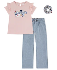 Levi's Girls 4T-6X Ruffle Shoulder Top, Pants and Scrunchie, 3-Piece Set
