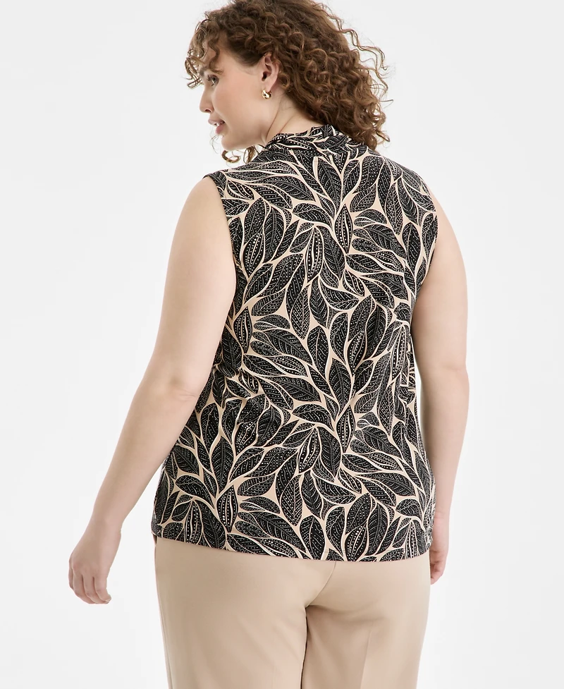 Anne Klein Plus Printed Triple-Pleat V-Neck Blouse