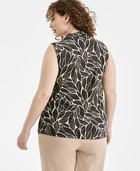 Anne Klein Plus Printed Triple-Pleat V-Neck Blouse