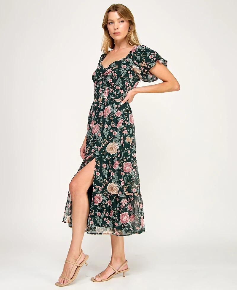 Trixxi Juniors' Puff Sleeve Twist Front Midi Dress