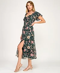 Trixxi Juniors' Puff Sleeve Twist Front Midi Dress