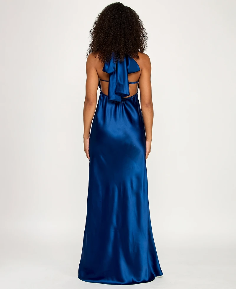 Katia Rae Juniors' Satin Cowl-Neck Halter Gown