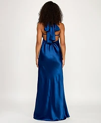Katia Rae Juniors' Satin Cowl-Neck Halter Gown
