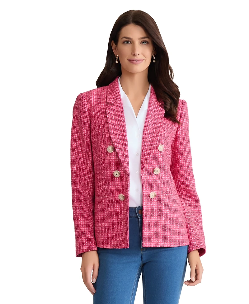 Jones New York Petite Double Breasted Notch Collar Tweed Jacket