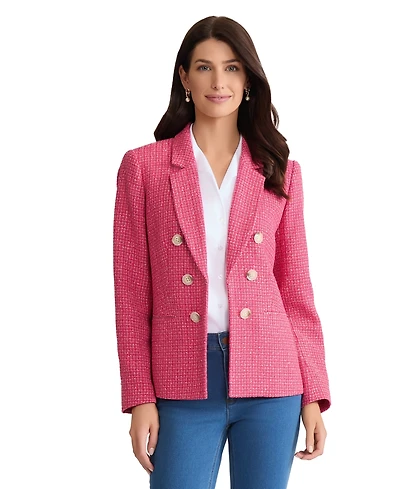 Jones New York Petite Double Breasted Notch Collar Tweed Jacket