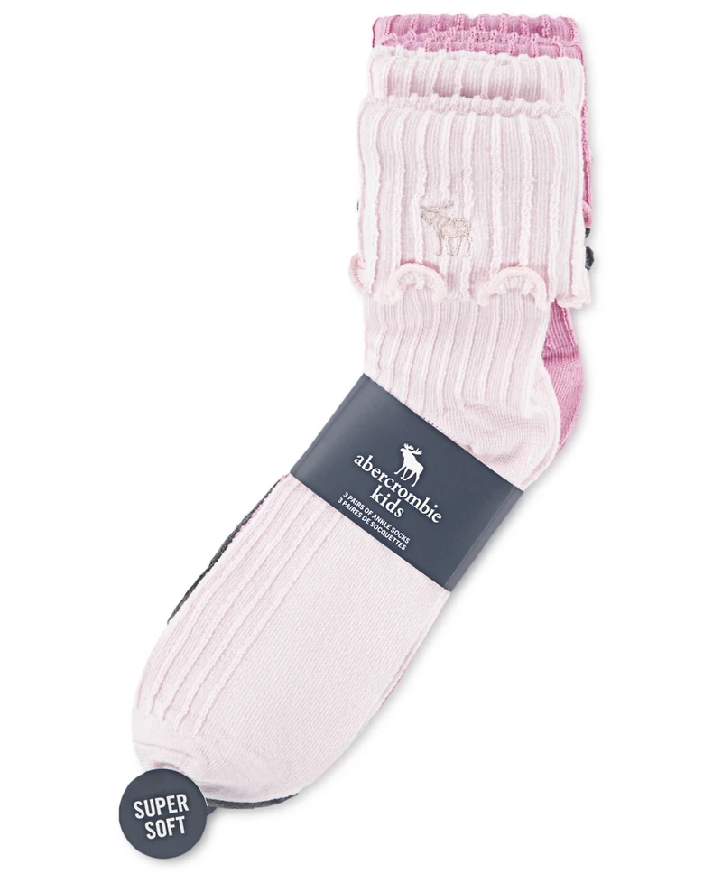 abercrombie kids Girls 3-Pack Crew Length Lettuce Hem Socks