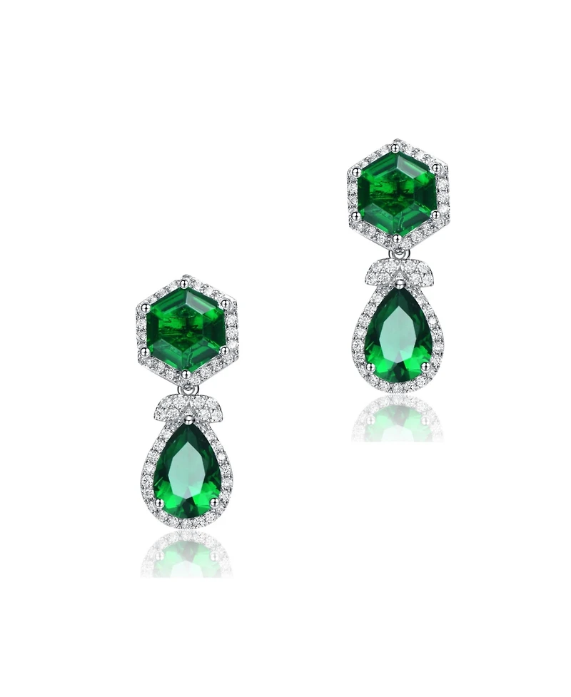 Vintage Rhodium-Plated Halo Earrings Sterling Silver with Green & Cubic Zirconia