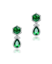 Vintage Rhodium-Plated Halo Earrings Sterling Silver with Green & Cubic Zirconia