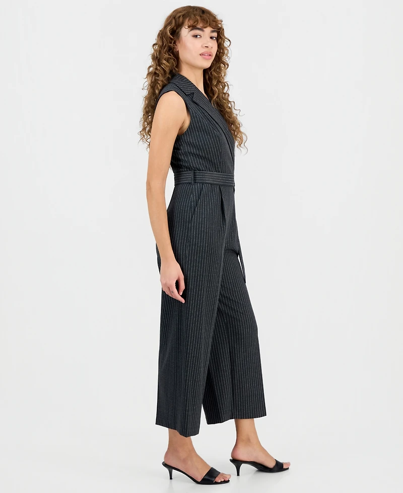 Calvin Klein Women's Pinstriped Notched Collar Jumpsuit