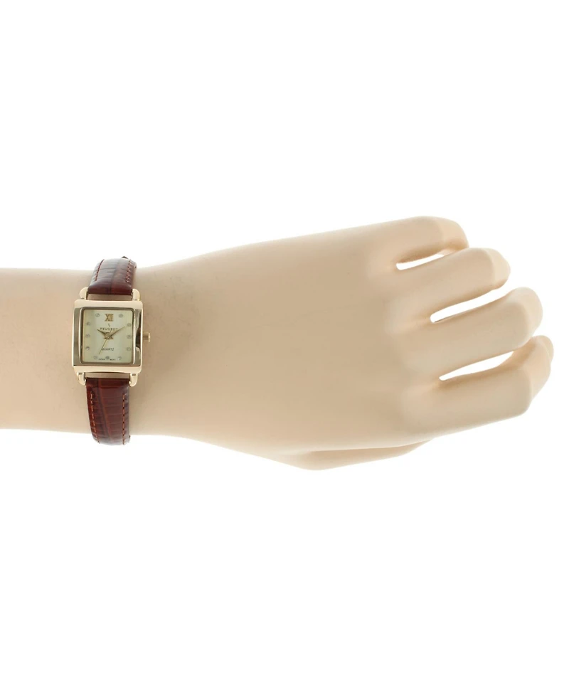 Peugeot Women's 20mm Square Watch with Glossy Brown Leather Strap