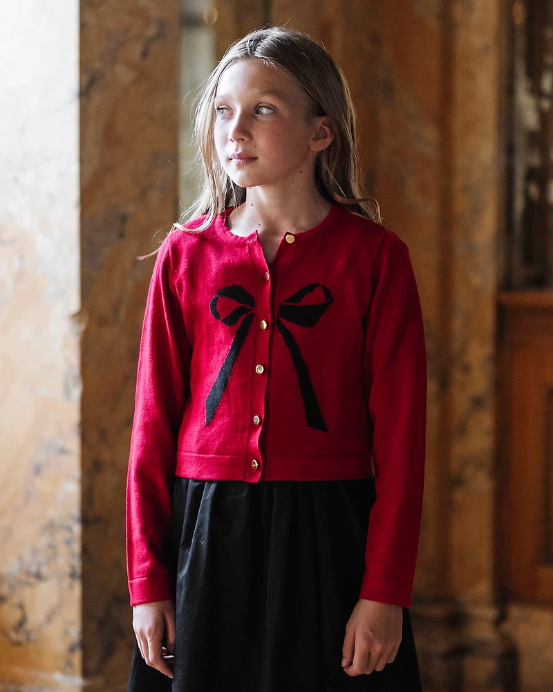 Hope & Henry Girls Organic Bow Intarsia Sweater Cardigan