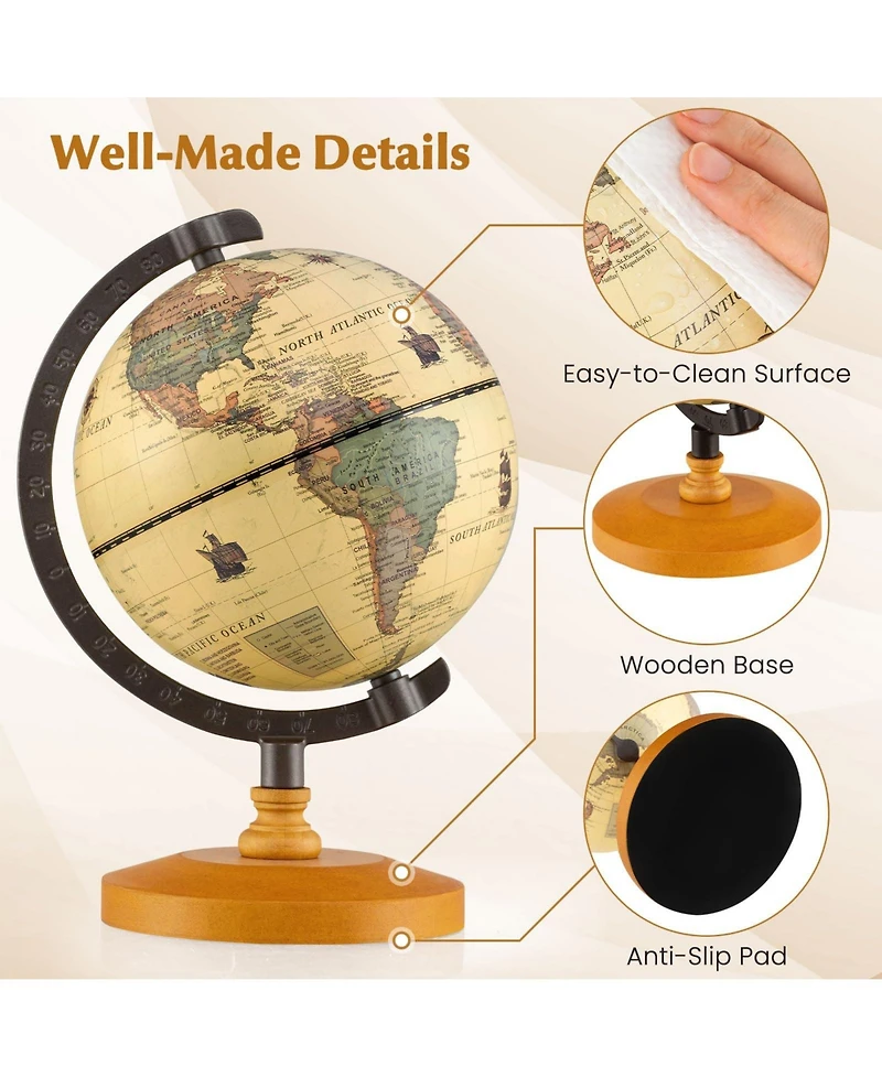 Mecale Antique Globe Dia 5.5 Inch Mini Rotating World Globe with Wooden Base