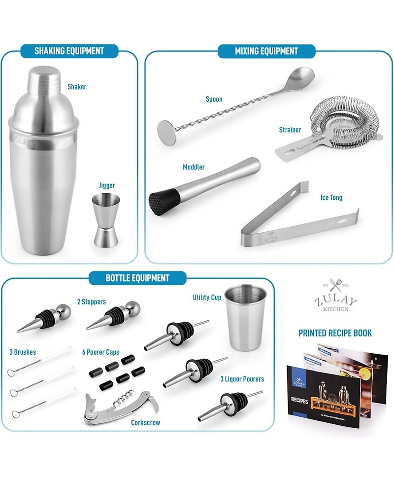 24 Piece Professional Stainless Steel Bartender Set with Bamboo Stand