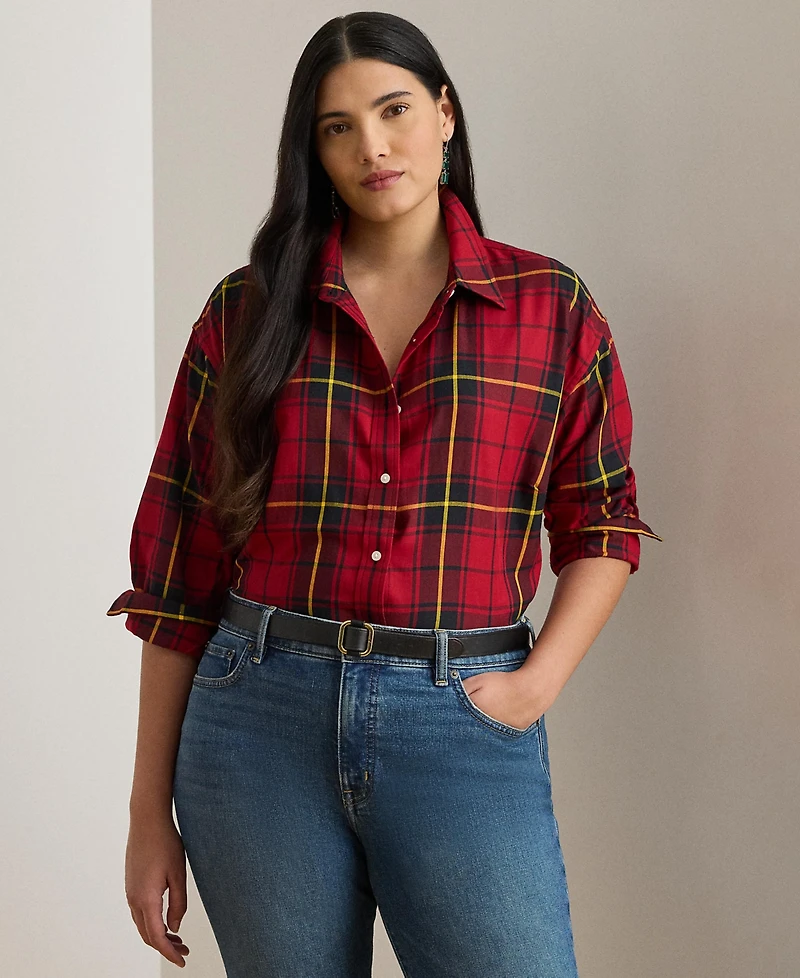 Lauren Ralph Plus Relaxed Fit Checked Plaid Cotton Shirt