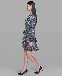 Karl Lagerfeld Paris Women's Printed Satin Ruffle V-Neck Dress