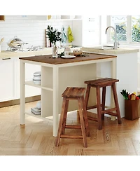 Boyel Living 3-Piece 45-Inch Stationary Kitchen Island Set with 2 Seatings, Butcher Block Dining Table Prep Set with 2 Open Shelves for Small Spaces