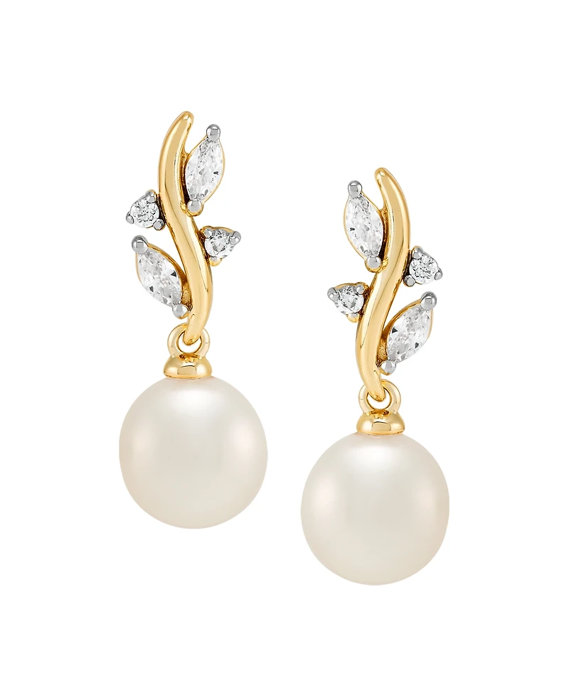 Macy's 2-Pc. Cultured Freshwater Pearl (7-8mm) and White Cubic Zirconia Drop Earrings and Pendant Necklace Set in 14k Yellow Gold Over Sterling Silver