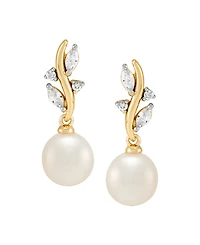 Macy's 2-Pc. Cultured Freshwater Pearl (7-8mm) and White Cubic Zirconia Drop Earrings and Pendant Necklace Set in 14k Yellow Gold Over Sterling Silver