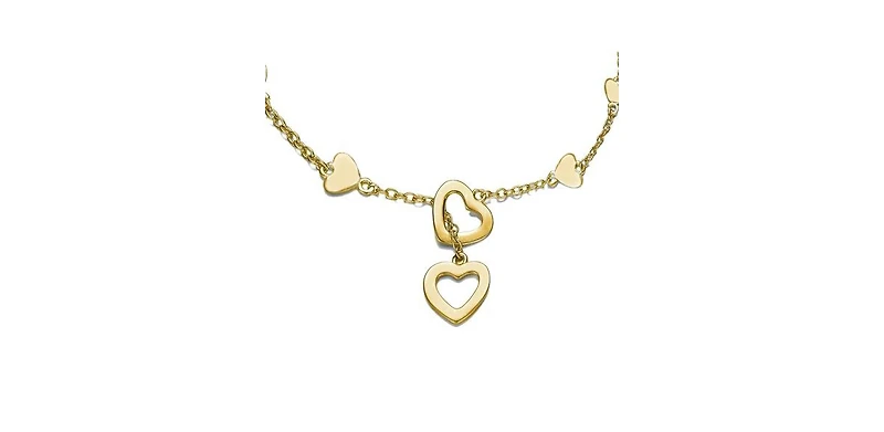 14K Gold Plated Double Halo Dangle & Red Heart Enamel Station Charm Bracelet, Adjustable