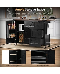 Kitchen Island with Power Outlet & Drop Leaf, 47.2" Farmhouse Rolling Cart Spice Rack Storage Drawers-Maison Boucle