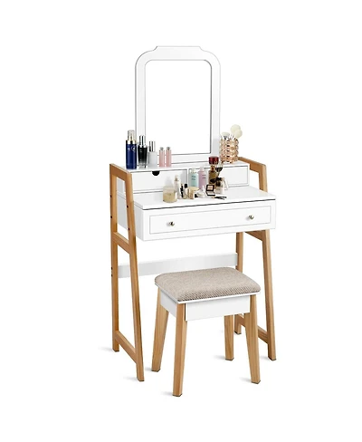 Vanity Table Set with Cushioned Stool and Large Mirror