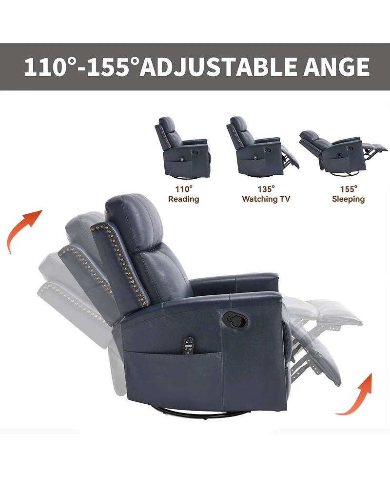 Genuine Leather Heat Massage Manual Recliner Chair with Rocker and Swivel for Living Room