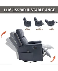 Genuine Leather Heat Massage Manual Recliner Chair with Rocker and Swivel for Living Room
