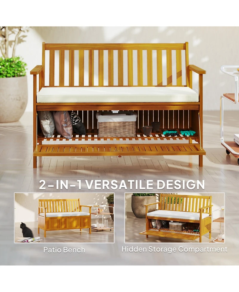 Outsunny Outdoor Bench with Storage, 2 Seater Acacia Wood Patio Bench,