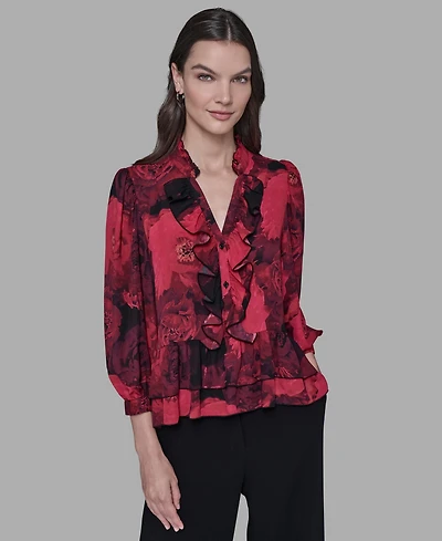 Karl Lagerfeld Paris Women's V-Neck Floral Print Ruffle Detail Top