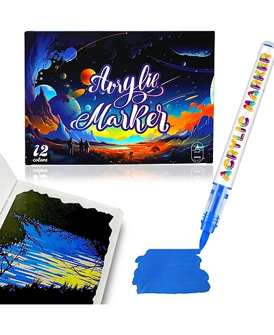 Htutwoo 12 Colors Acrylic Paint Markers Set, Smooth Flow Acrylic Ink Pens, Brush Tip Art Markers for Painting, Drawing and Crafting