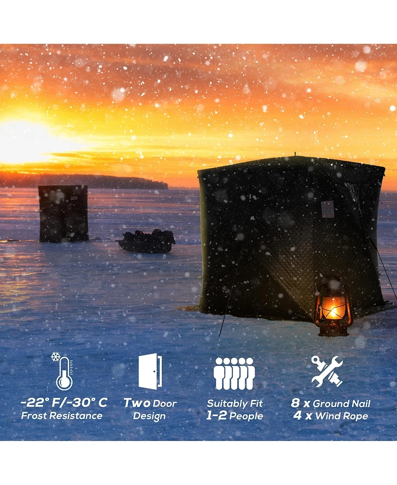 Outsunny 2 Person Ice Fishing Shelter with Padded Walls, Thermal Waterproof Portable Pop Up Ice Tent with 2 Doors, Black