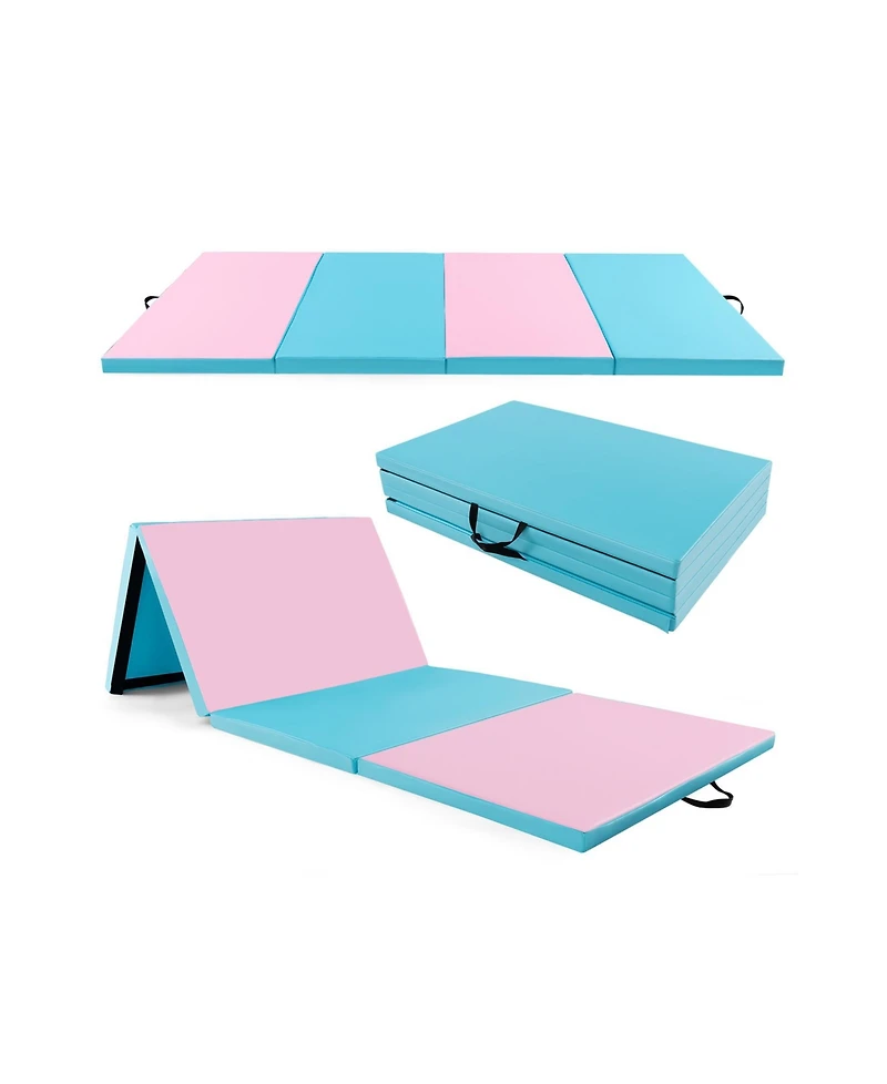 Sugift 4-Panel Pu Leather Folding Exercise Mat with Carrying Handles-Pink & Blue