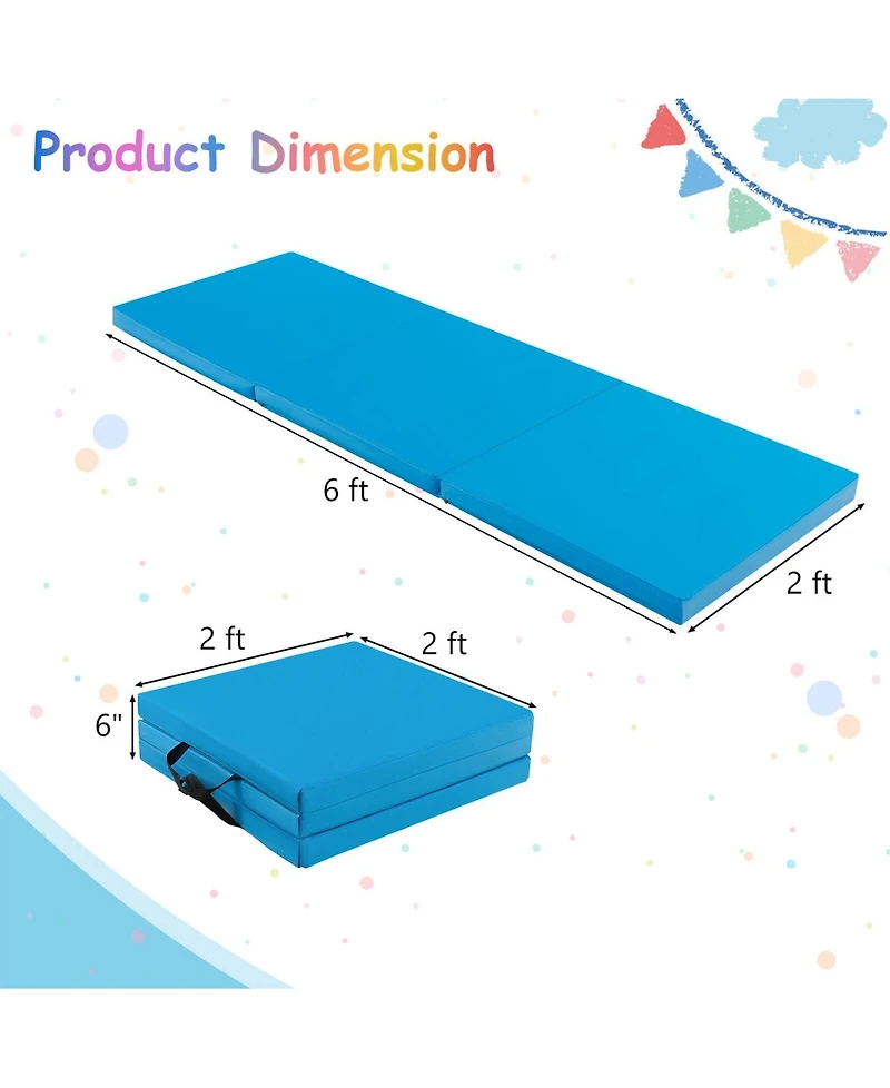 Sugift 6 x 2 Ft Tri-Fold Gym Mat with Handles and Removable Zippered Cover-Blue